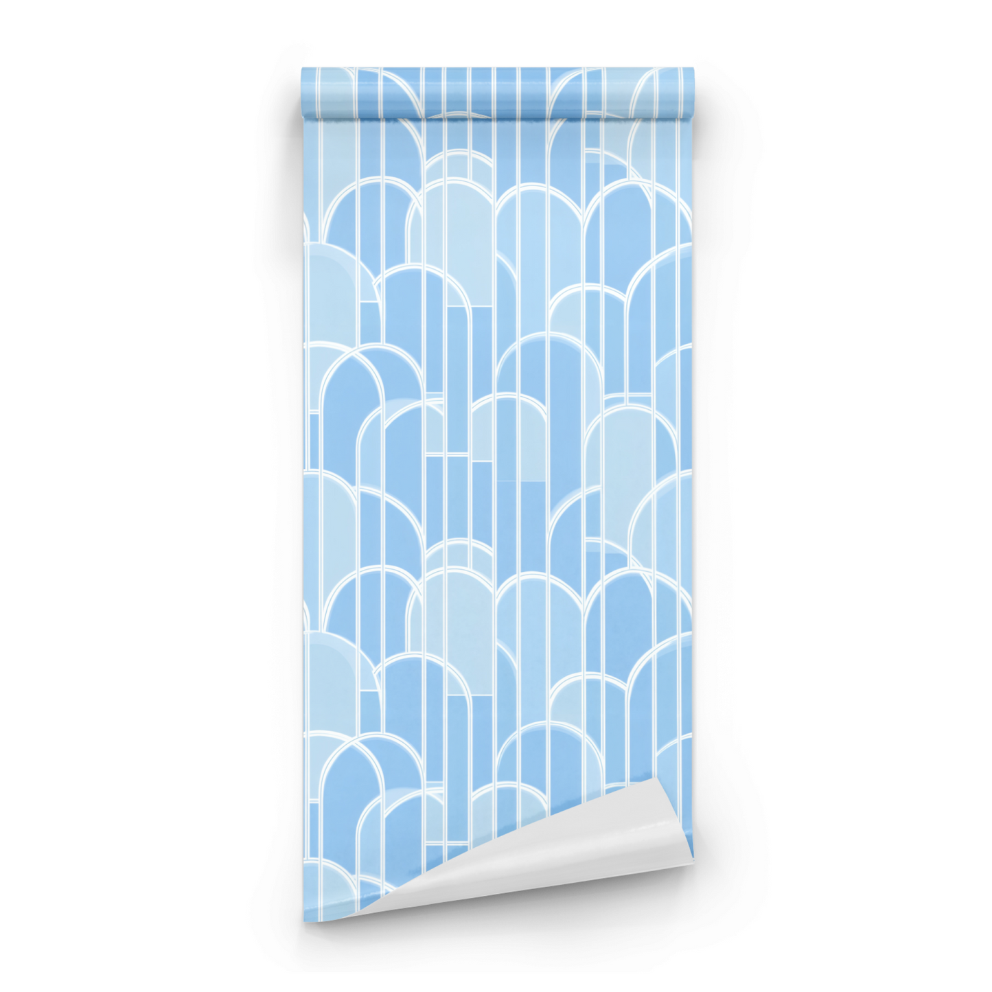 Blue Geometric Wallpaper roll preview showing the skyline arches drawing in close deep blue Art Deco detail