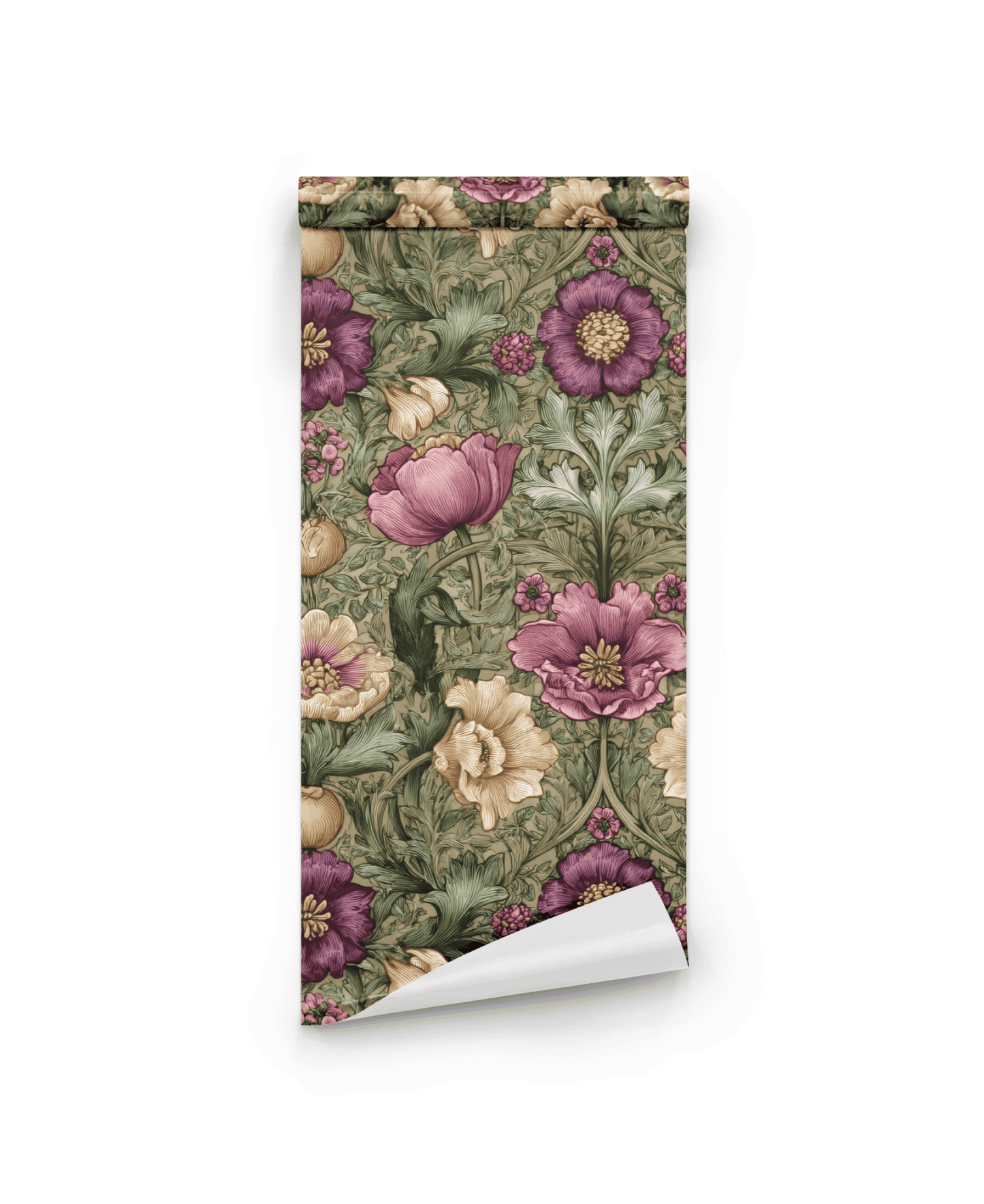 Eden Blossom Wallpaper features a rolled sheet adorned with a floral tapestry in pink, yellow, and green on a white background, adding timeless elegance to any space.