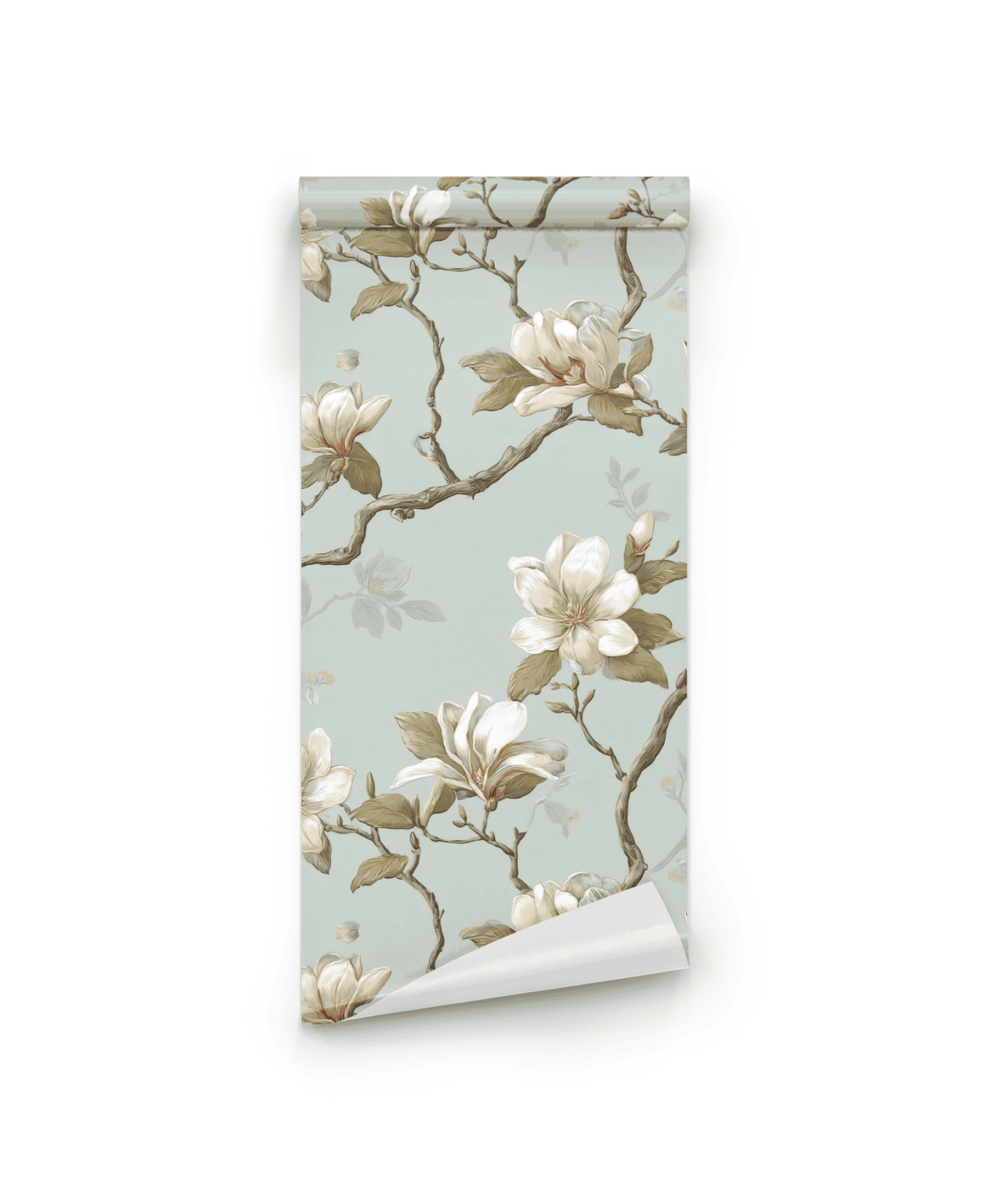 Magnolia Grace Wallpaper features a light blue background with magnolia flowers and brown branches, adding timeless elegance and natural charm to any room.