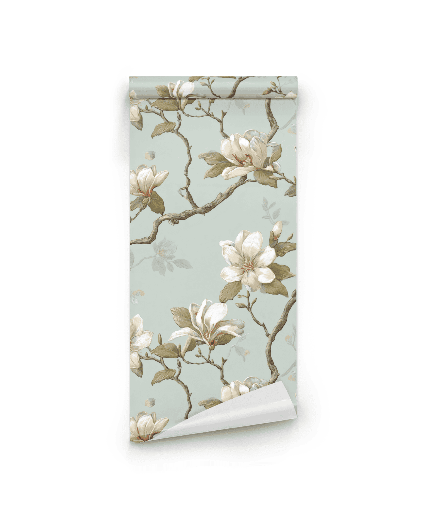 Magnolia Grace Wallpaper features a light blue background with magnolia flowers and brown branches, adding timeless elegance and natural charm to any room.
