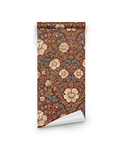 The Victorian Blossom Wallpaper features a vintage floral design in beige, blue, and brown tones—ideal for classic interiors. Shown here as a rolled sheet against a white background.
