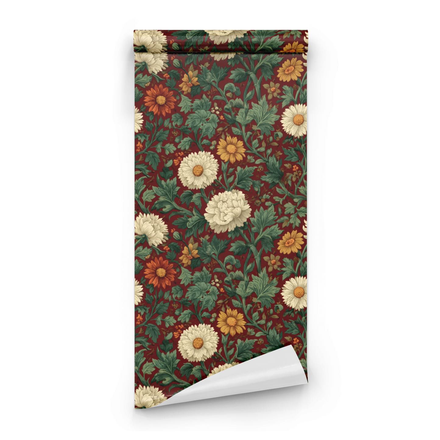Red Floral Wallpaper roll close-up showing the primrose floral drawing in deep red moody Victorian detail