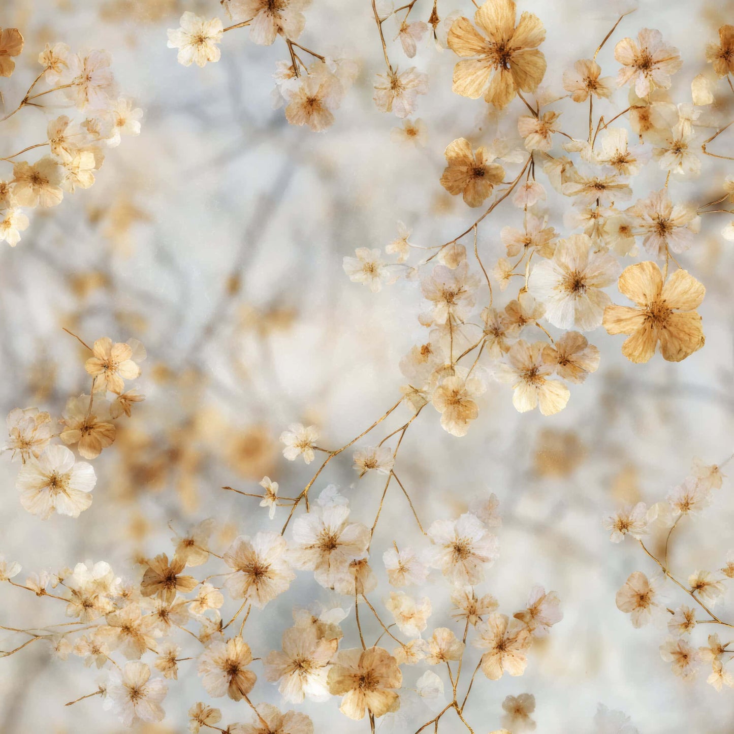 Wallpaper with delicate floral pattern in soft beige and white tones.