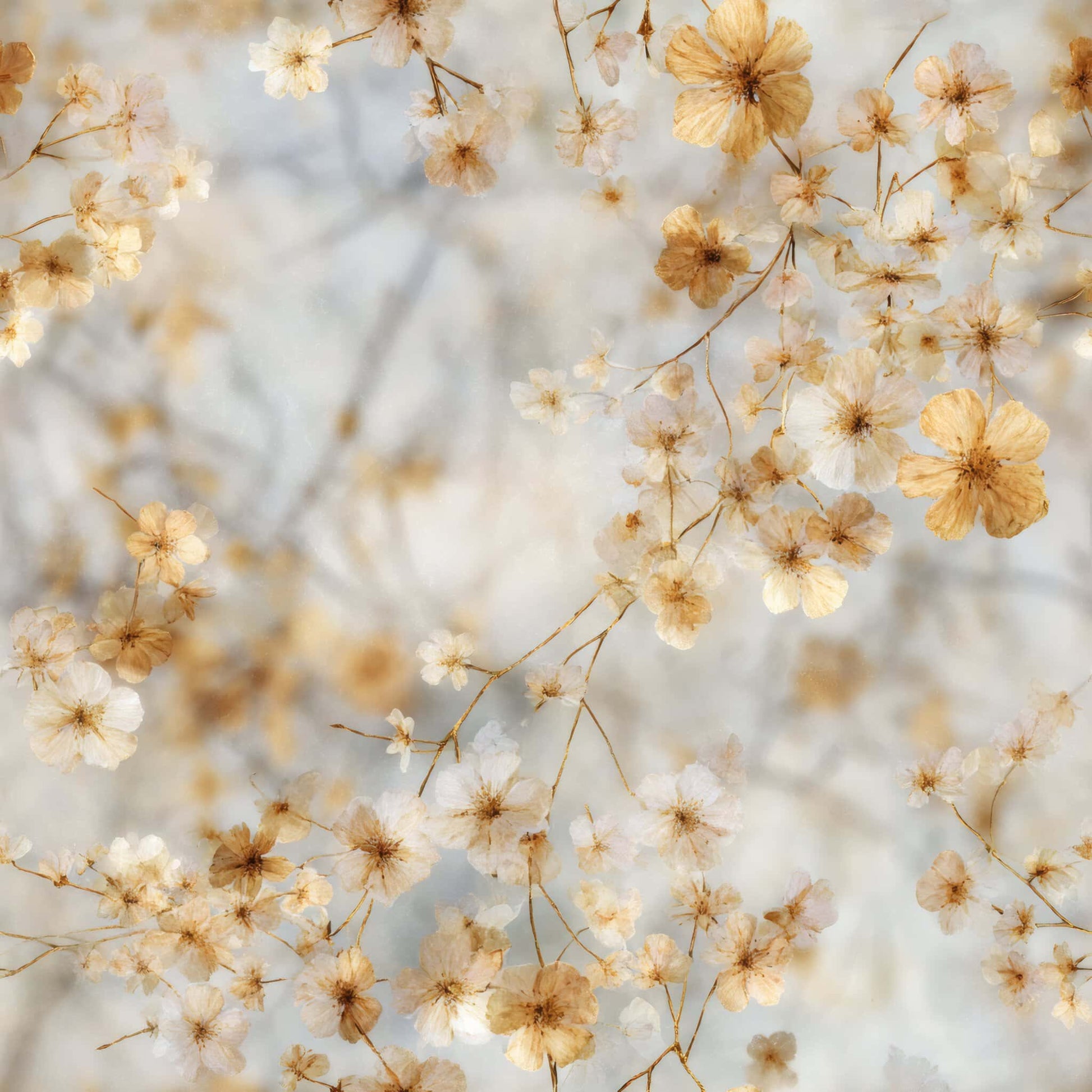 Wallpaper with delicate floral pattern in soft beige and white tones.