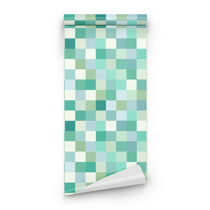 Geometric Grid Pattern roll preview showing the checkerboard drawing in close soft teal mint geometric detail