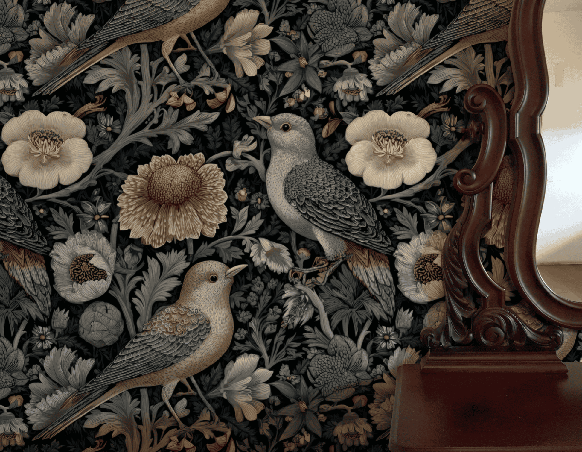 Nocturnal Aviary Wallpaper features detailed illustrations of elegant birds and delicate blooms on a dark backdrop, seen beside a polished wooden mirror frame reflecting its dramatic design.