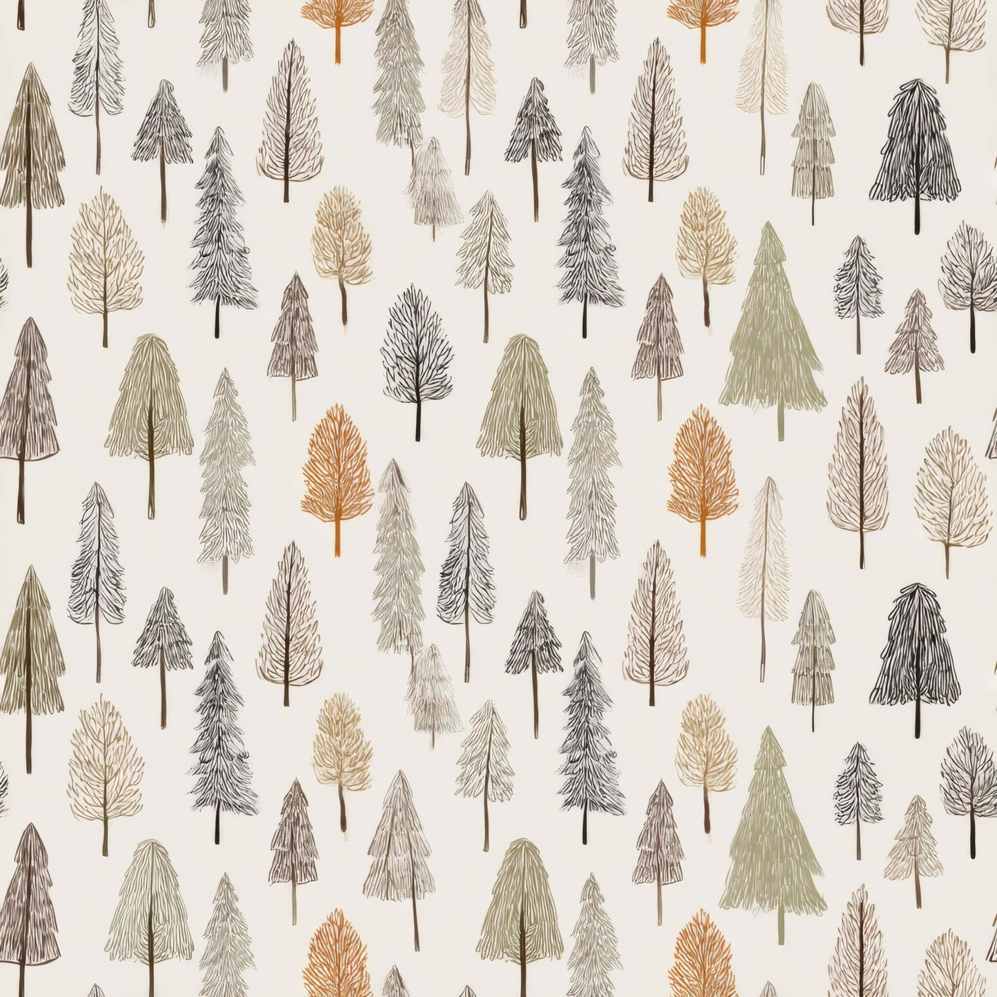 Wallpaper design with various illustrated trees in shades of green, orange, and taupe on a cream background.