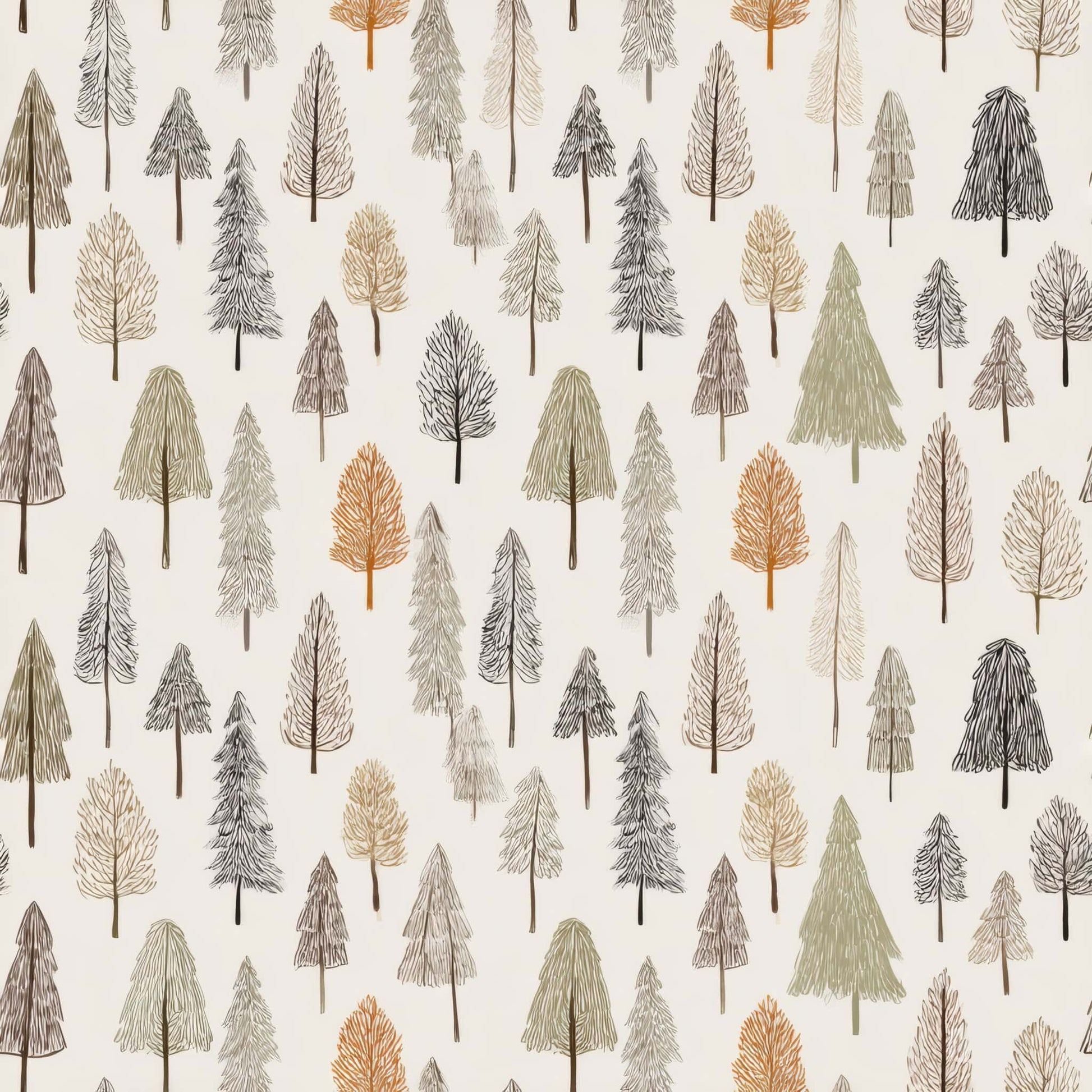 Wallpaper design with various illustrated trees in shades of green, orange, and taupe on a cream background.