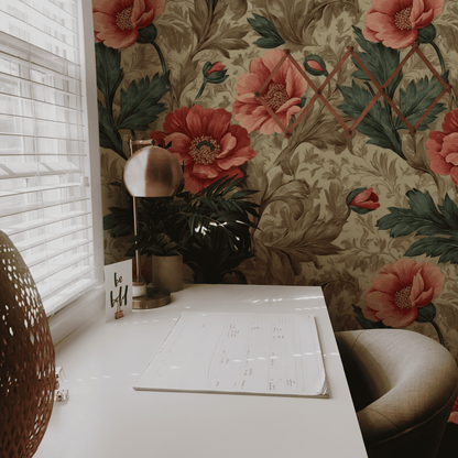 A desk with a planner, lamp, and small plant sits by a window with blinds. Behind it, Peony Reverie Wallpaper showcases large red peonies and green leaves, bringing classic elegance to the space.