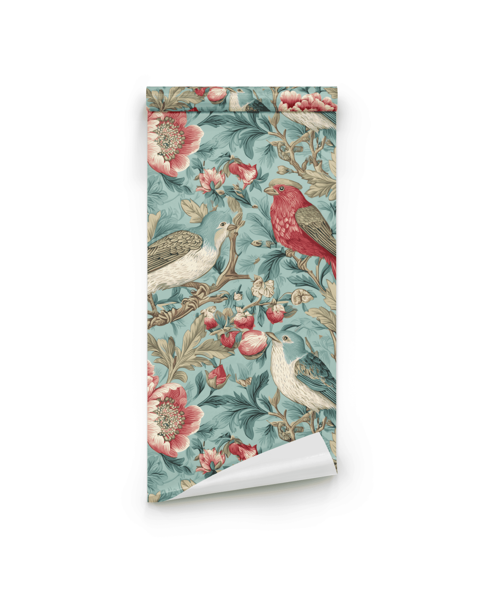 Aviary Blossom Wallpaper: A rolled sheet featuring a serene garden scene with vintage birds and blooming flowers in muted blue, red, and beige tones for timeless elegance.