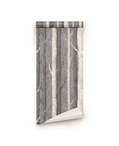 Birch Grove Wallpaper features a rolled sheet with vertical birch trees and gray and white branches, creating a serene forest scene that brings nature-inspired wall art into your home.