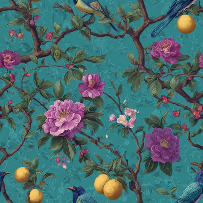 Wallpaper with purple flowers, yellow fruits, and birds on a teal background.
