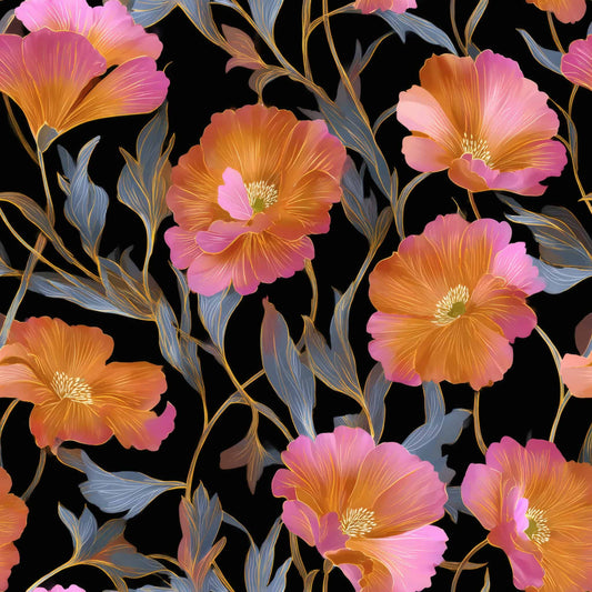 Wallpaper with orange and pink flowers, blue-green leaves on a black background.