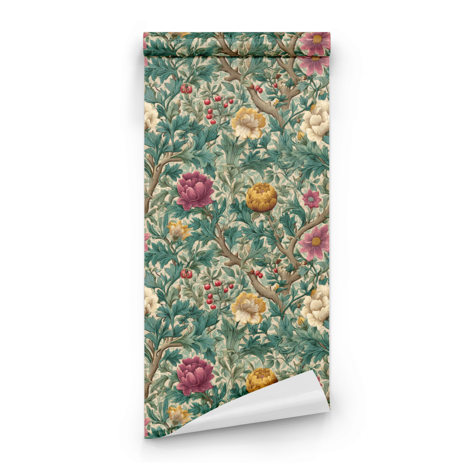 Green Floral Wallpaper roll preview showing the peony drawing in close deep teal Arts and Crafts detail