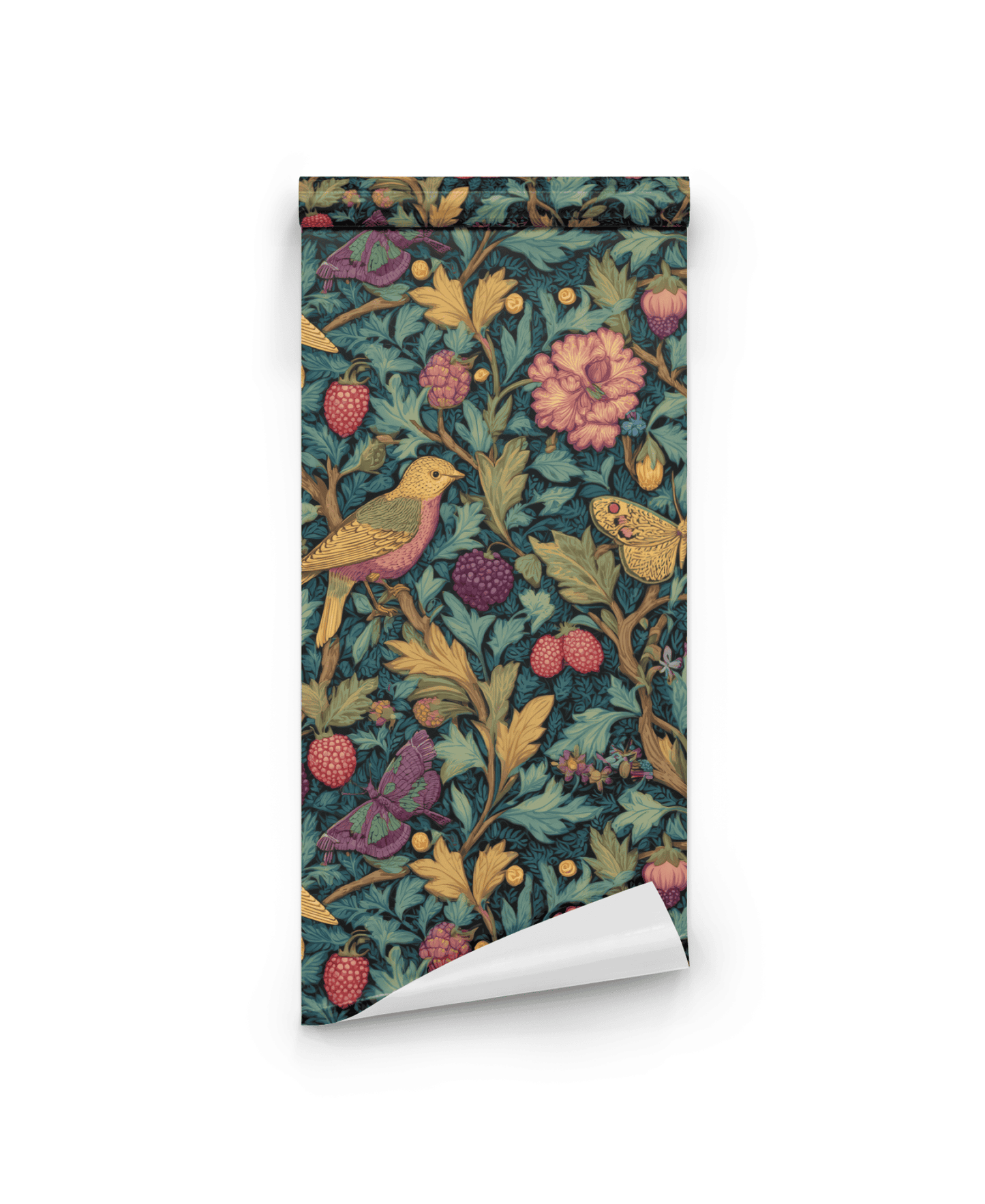 The Enchanted Garden Wallpaper features a detailed pattern of birds, berries, butterflies, and flowers in earthy tones set against a dark background.