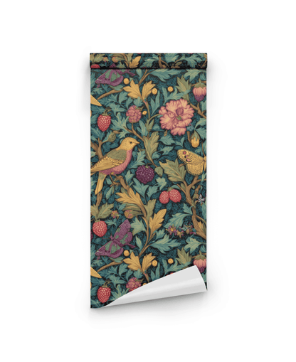 The Enchanted Garden Wallpaper features a detailed pattern of birds, berries, butterflies, and flowers in earthy tones set against a dark background.