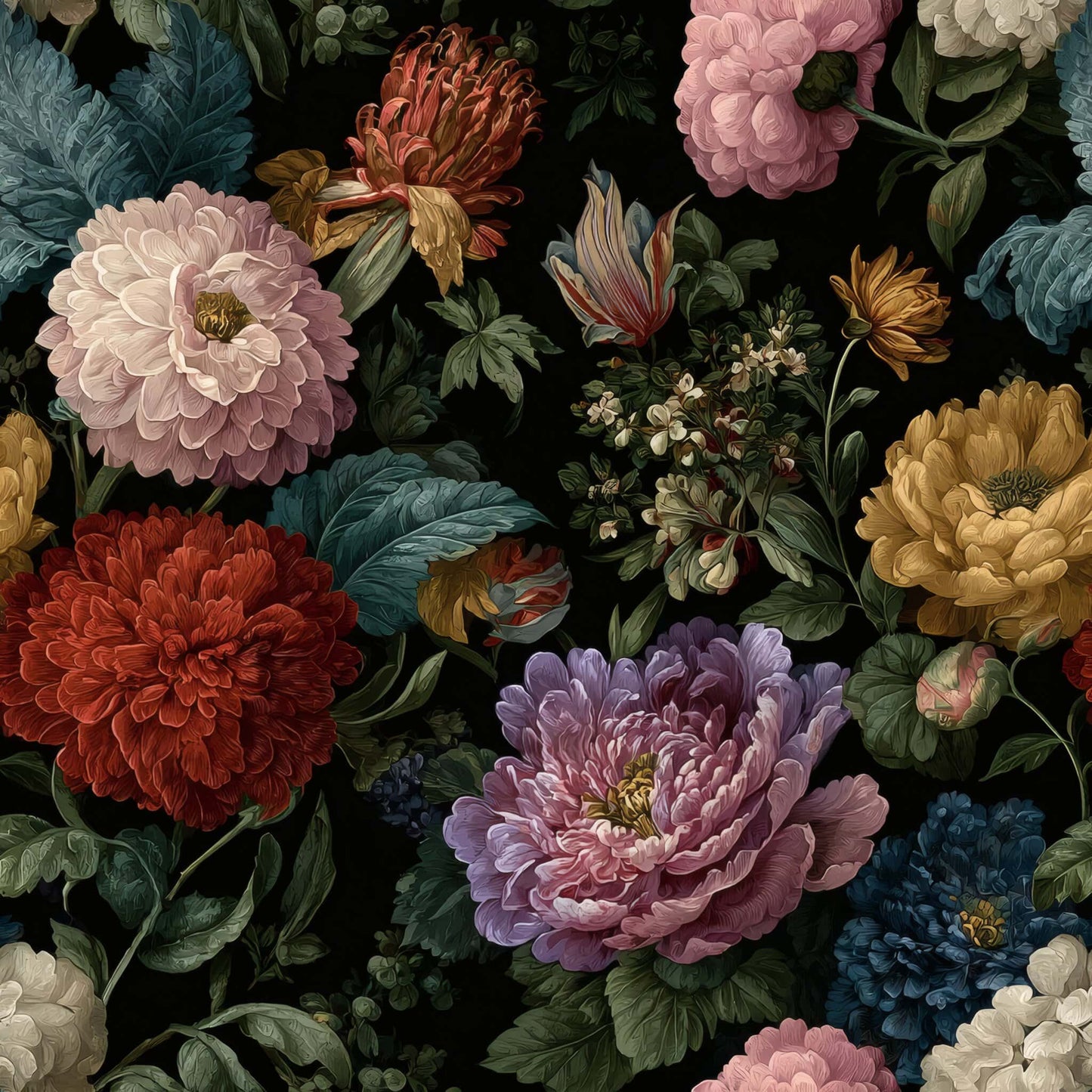 Wallpaper featuring vibrant, colorful floral patterns against a dark background.