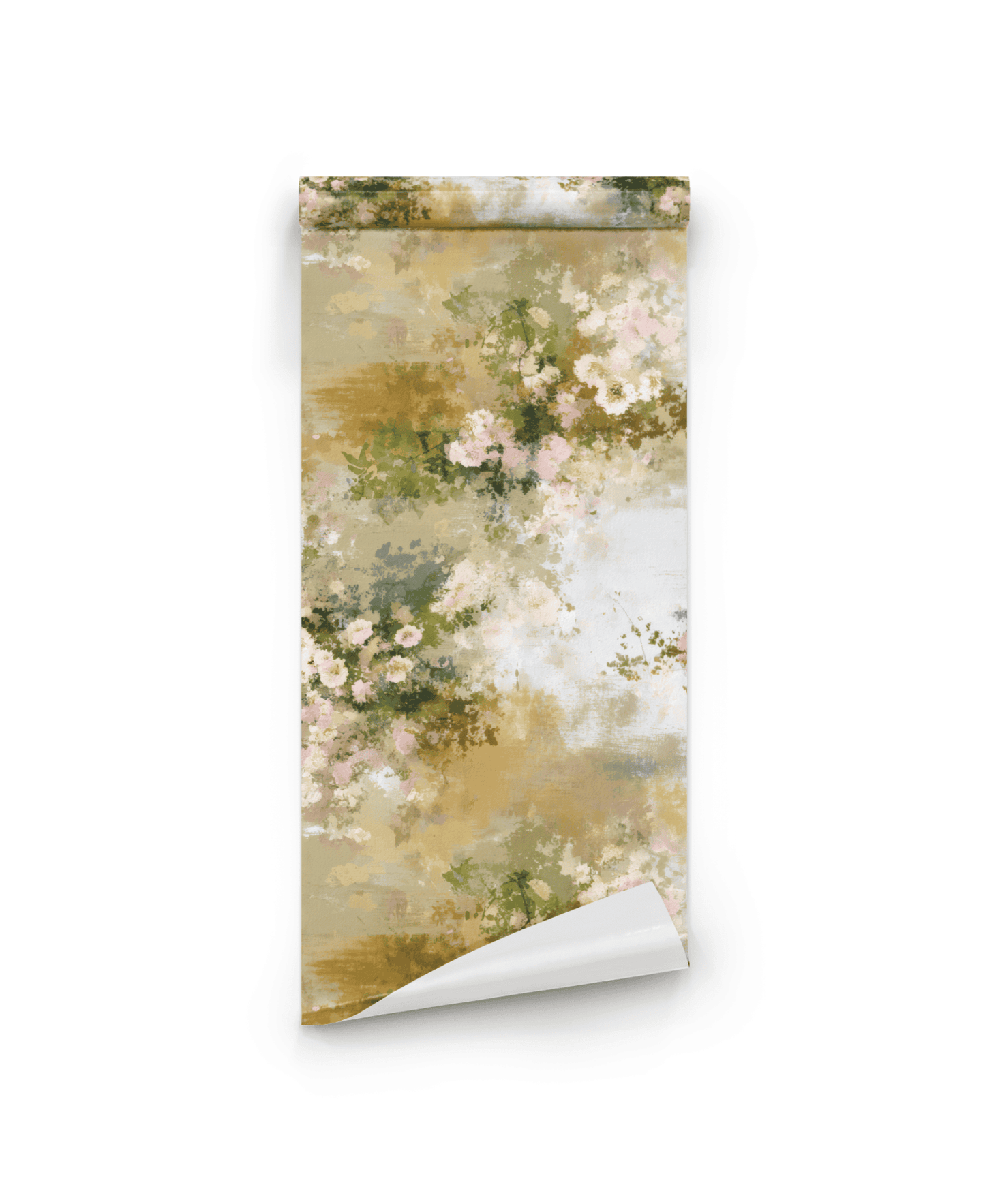 Whispering Petals Wallpaper features soft florals in abstract beige, green, and blush tones on a white background, creating a serene, romantic ambiance.