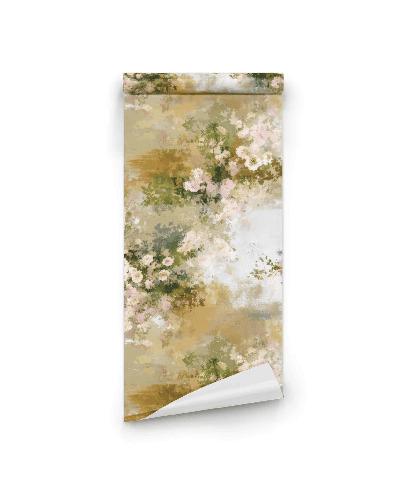 Whispering Petals Wallpaper features soft florals in abstract beige, green, and blush tones on a white background, creating a serene, romantic ambiance.