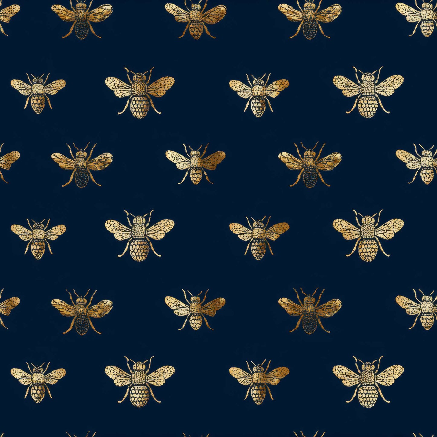 Pattern of gold bees on a navy blue background.