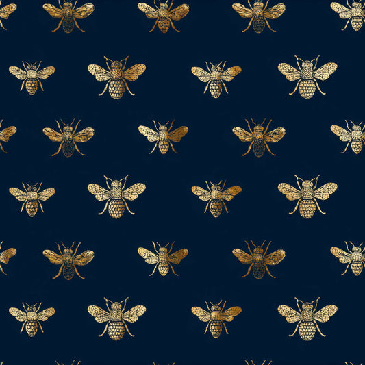 Pattern of gold bees on a navy blue background.
