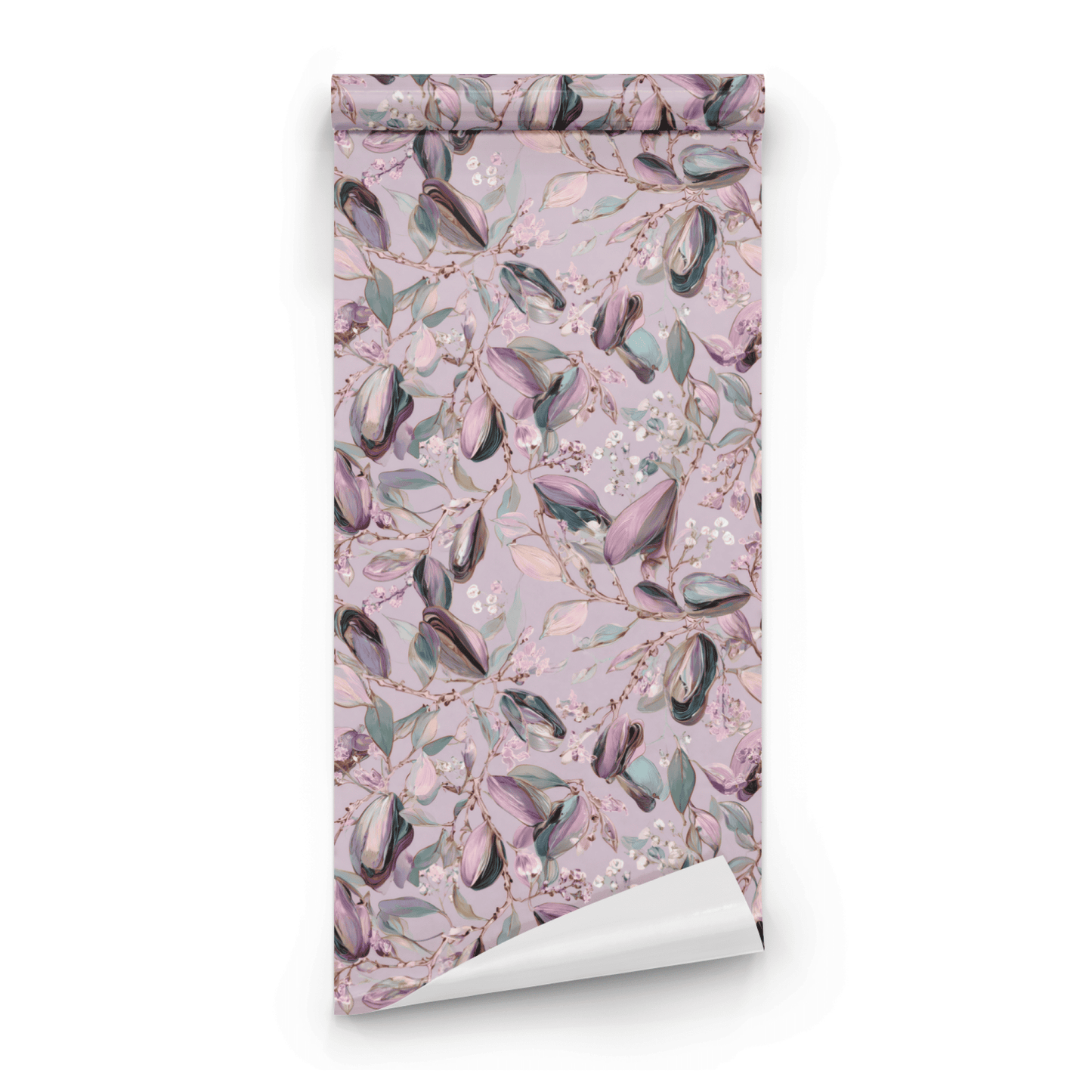 Pink Floral Wallpaper roll preview showing the pod drawing in close pink watercolor with iridescent accents