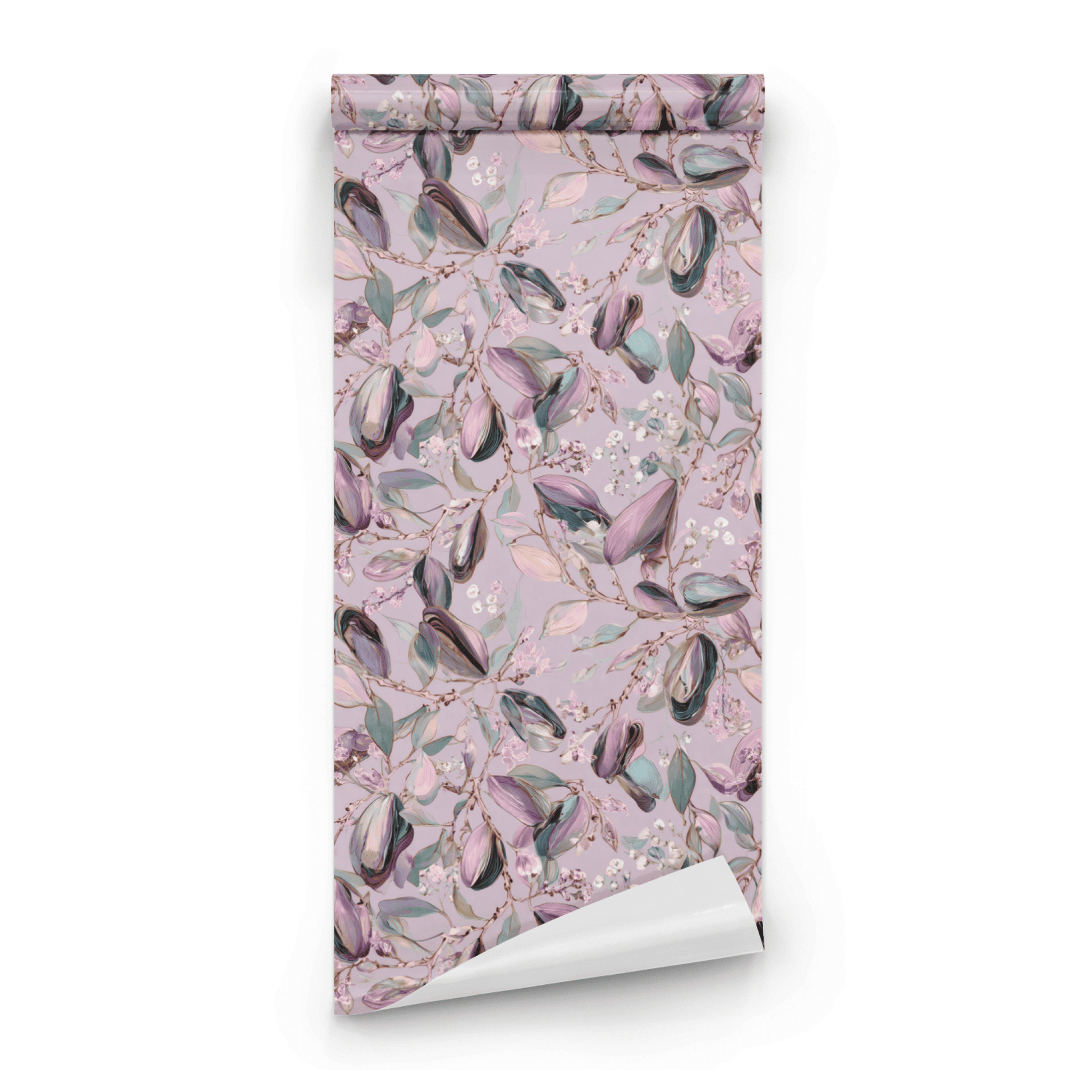 Pink Floral Wallpaper roll preview showing the pod drawing in close pink watercolor with iridescent accents
