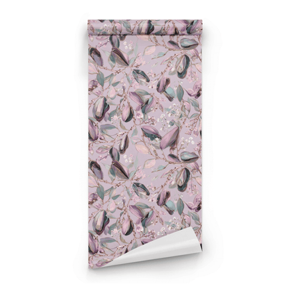 Pink Floral Wallpaper roll preview showing the pod drawing in close pink watercolor with iridescent accents