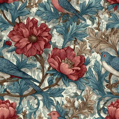 Wallpaper with crimson flowers, teal leaves, and detailed birds on a light background.