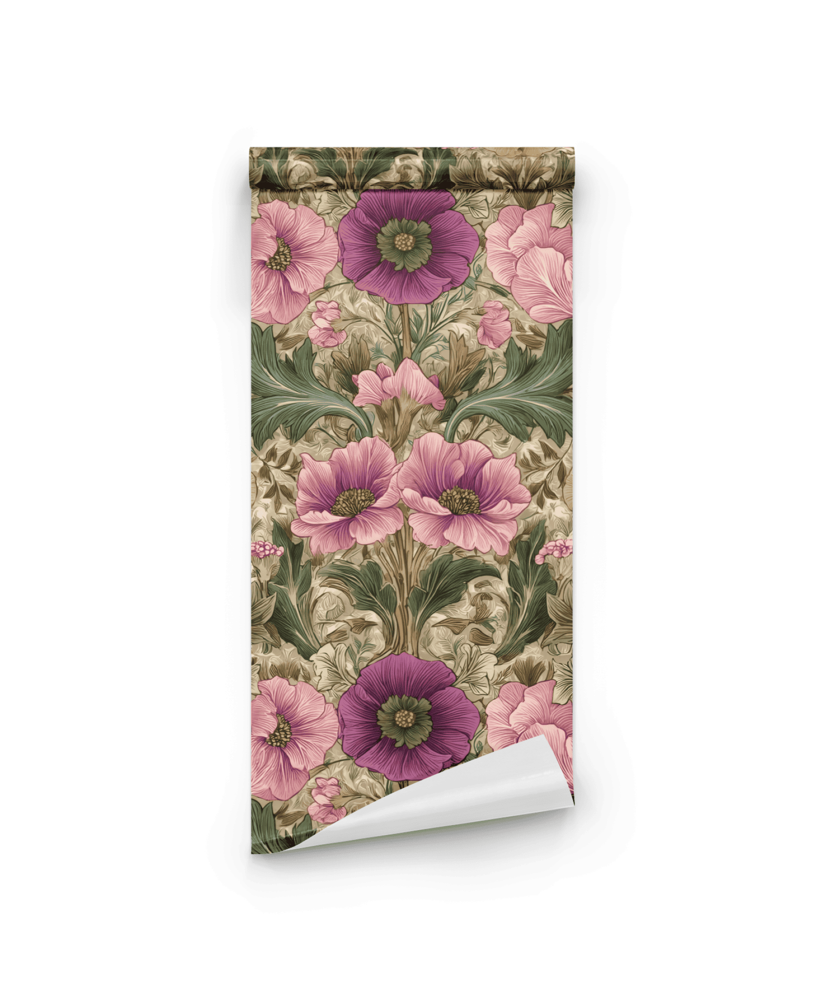 Vintage Flora Wallpaper exudes vintage elegance, featuring large purple and pink floral designs with green leaves on an earthy beige background.