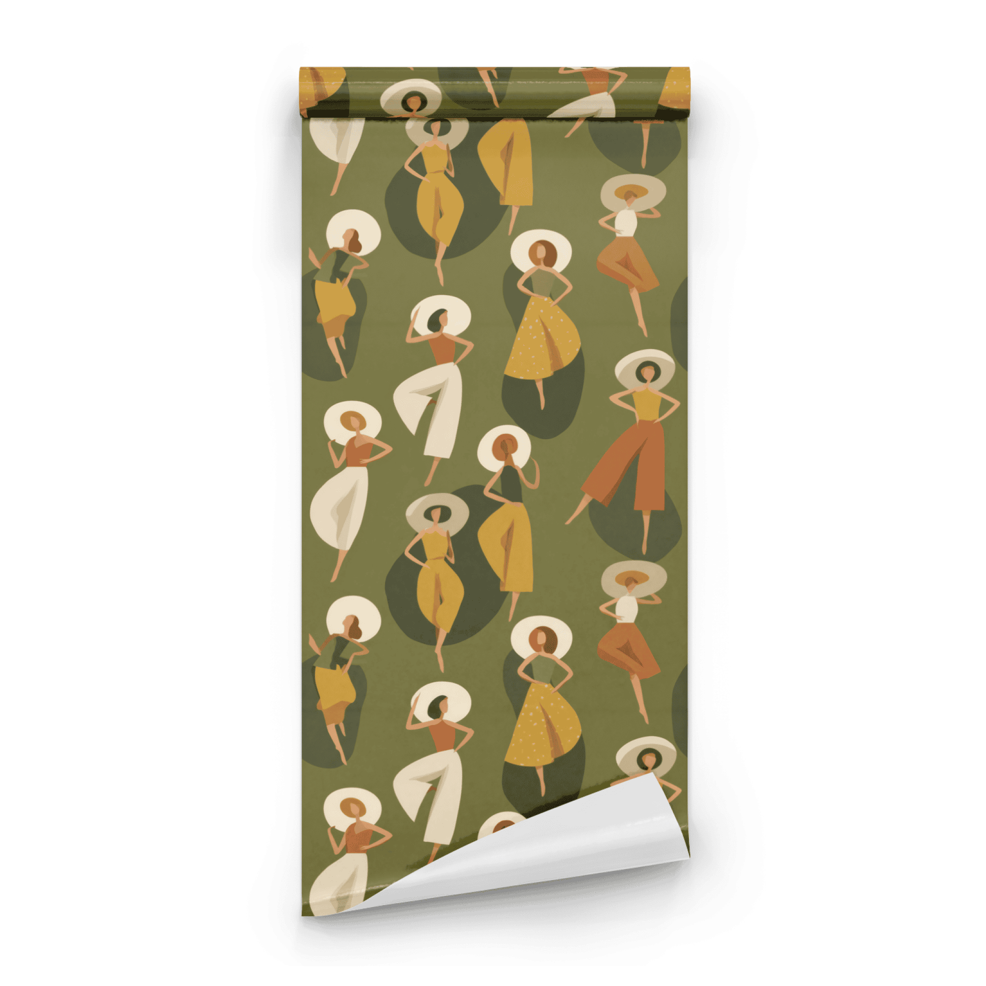 Green Abstract Wallpaper roll preview showing the retro mod pattern in close green abstract modernist detail