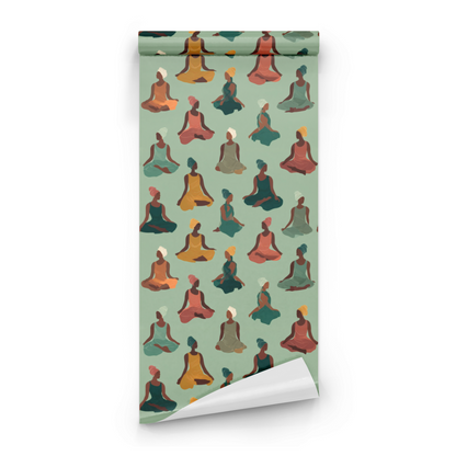 Green Abstract Wallpaper roll preview showing the yoga figure drawing in close pastel green minimalist detail