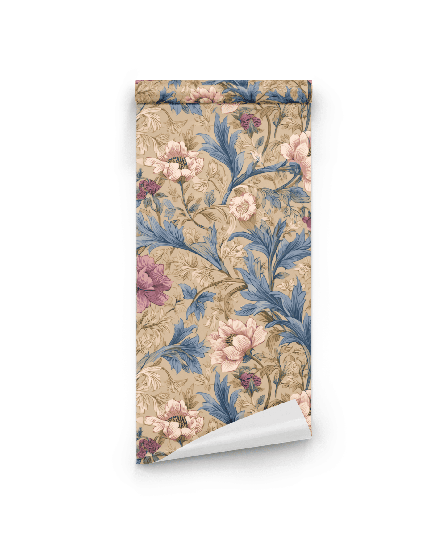 Vintage Blossom Wallpaper features an elegant beige background with blue leaves and pink, cream, and purple floral patterns—ideal for anyone seeking beautiful blue and pink wallpaper for any room.