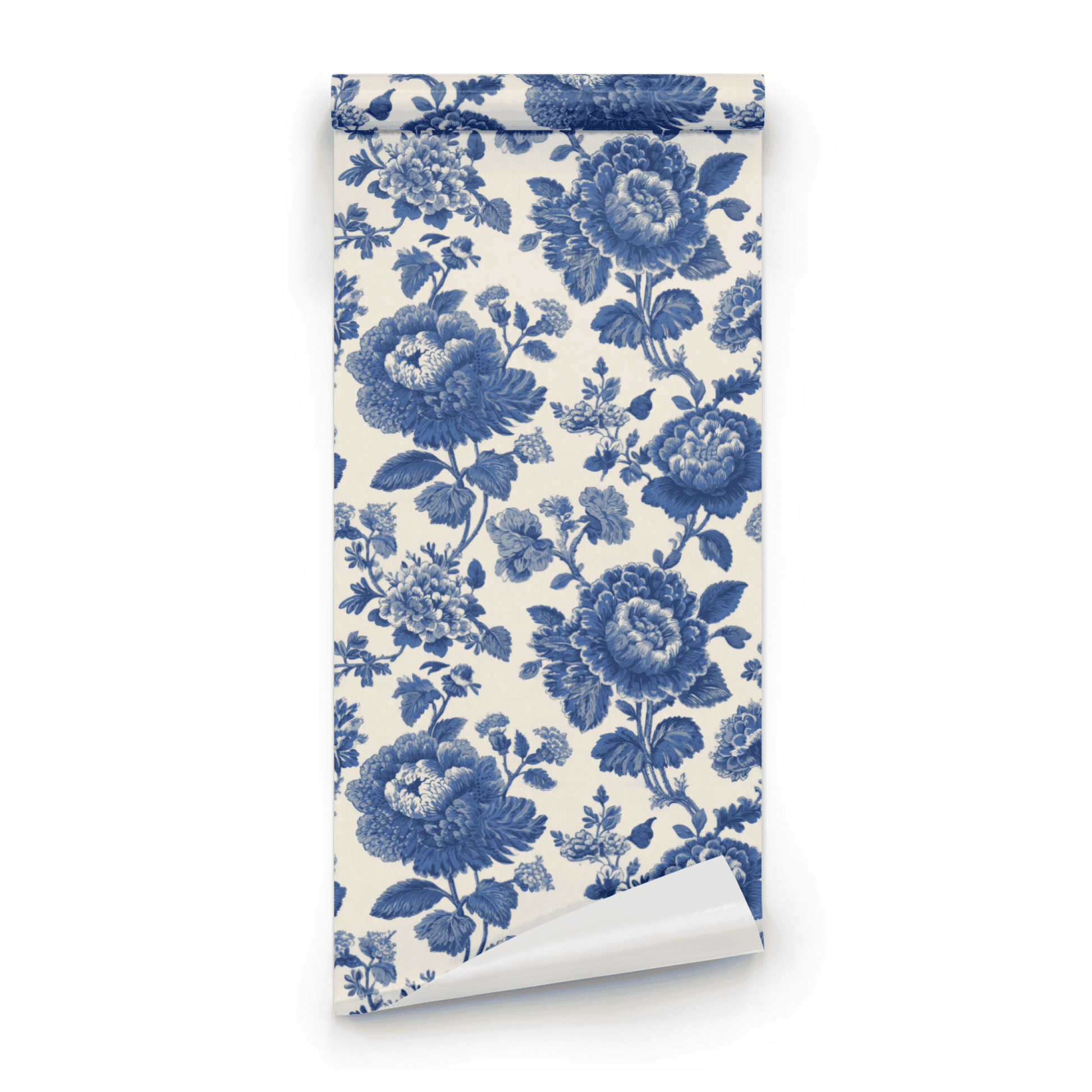 Blue Floral Wallpaper roll close-up showing the cobalt blue floral drawing in fine Arts and Crafts line work