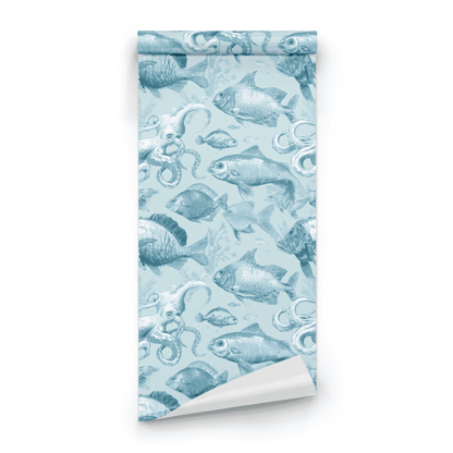 Cyan Octopus | Green Animal Print Wallpaper | Sea Life - Roll Preview