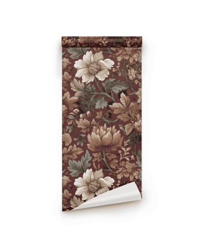 Crimson Blossom Wallpaper: A rolled sheet with timeless grace, featuring large floral and leaf patterns in brown, beige, and green tones on a white background.
