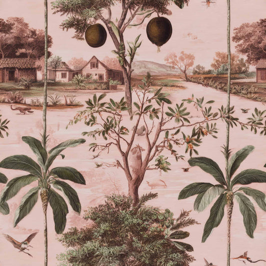 Scenic wallpaper with rustic homes, lush greenery, and a pink background.