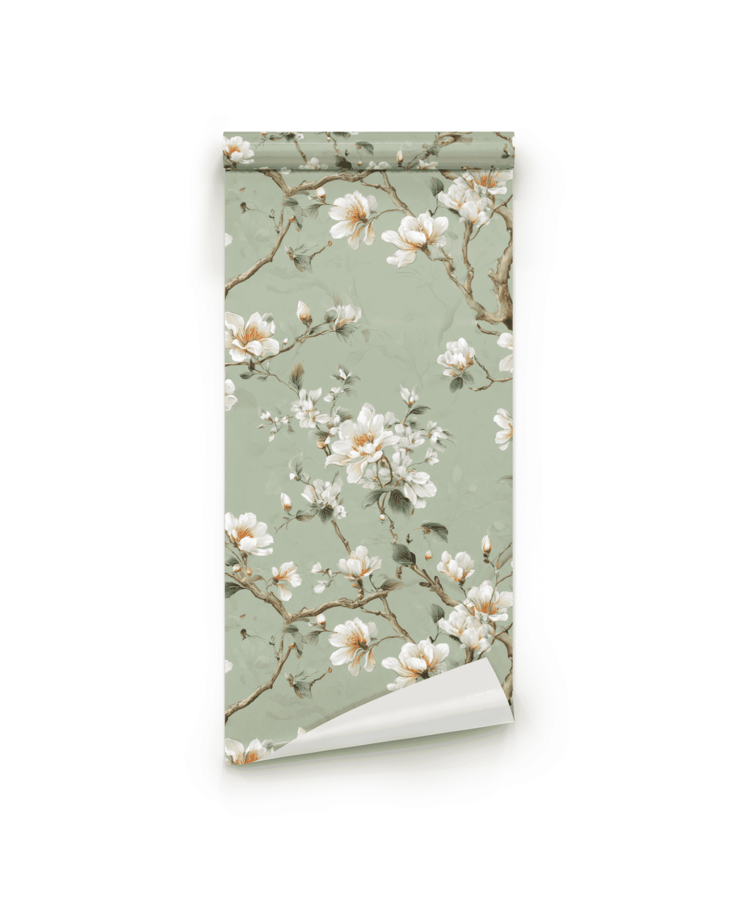 Magnolia Whispers Wallpaper features magnolia blossoms and brown branches on a sage backdrop, creating a tranquil atmosphere with its muted green tones.