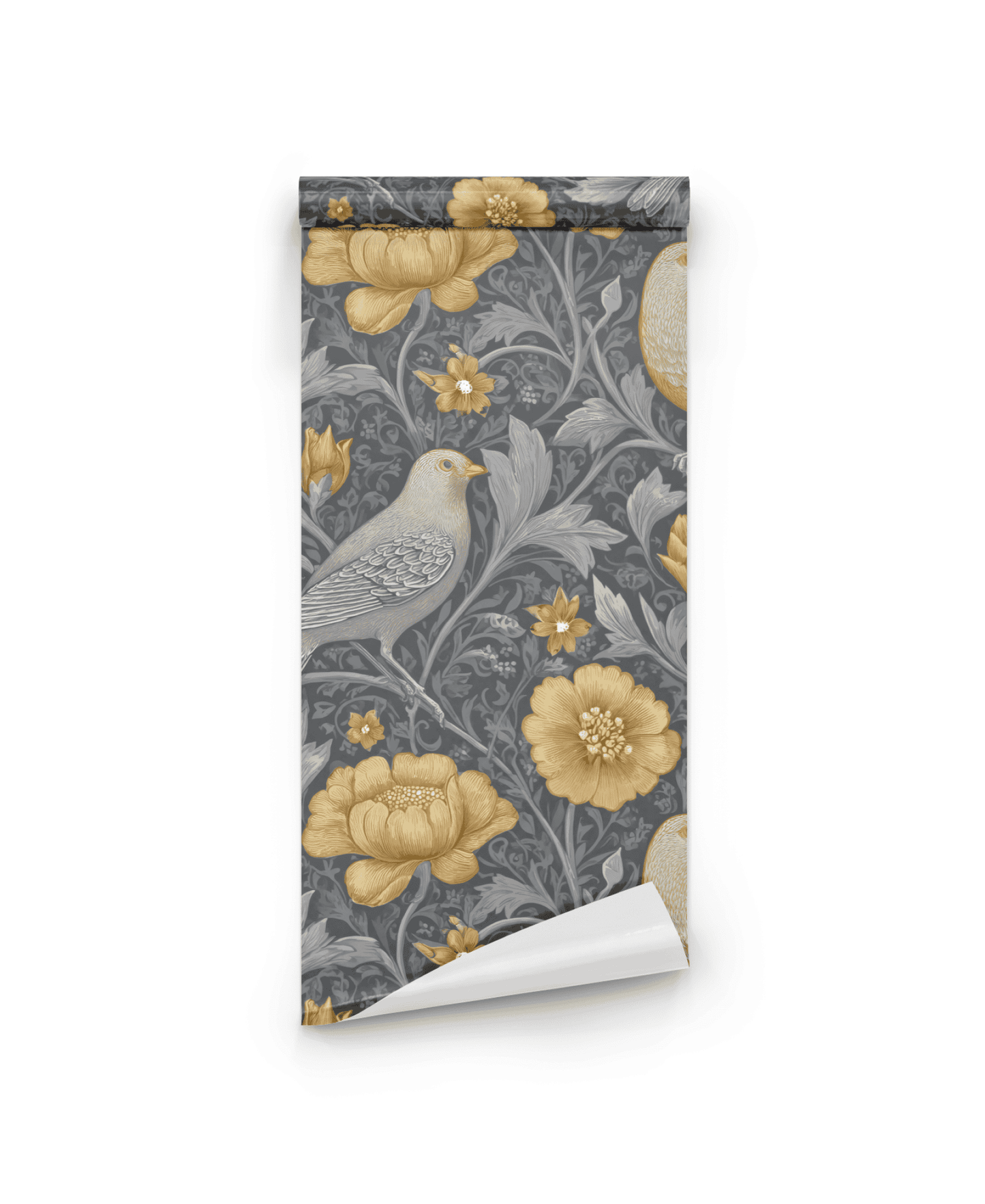 Golden Aviary Wallpaper features a gray background adorned with yellow flowers, green leaves, and delicately illustrated birds for a sophisticated, nature-inspired ambiance.