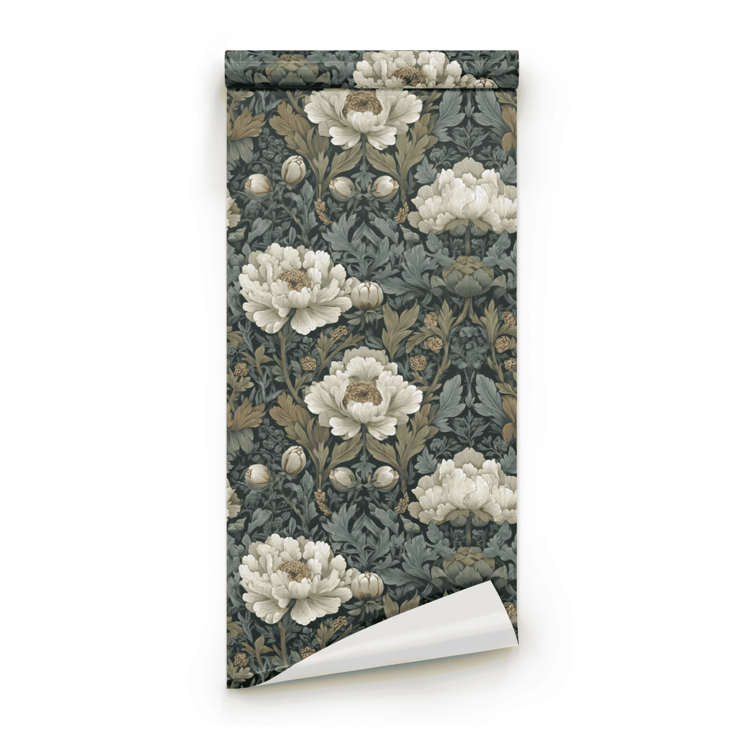 Green Floral Wallpaper roll close-up showing the dark botanical drawing on the green ivory Arts and Crafts ground in close detail