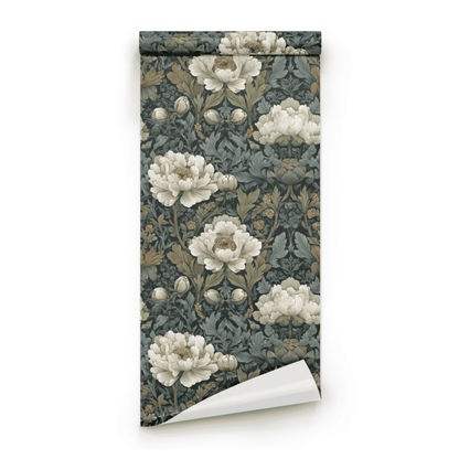 Green Floral Wallpaper roll close-up showing the dark botanical drawing on the green ivory Arts and Crafts ground in close detail