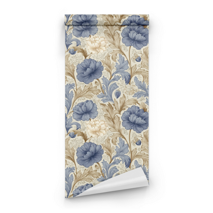 Blue Floral Wallpaper roll close-up showing the blue floral drawing and the Arts and Crafts botanical line work in fine detail