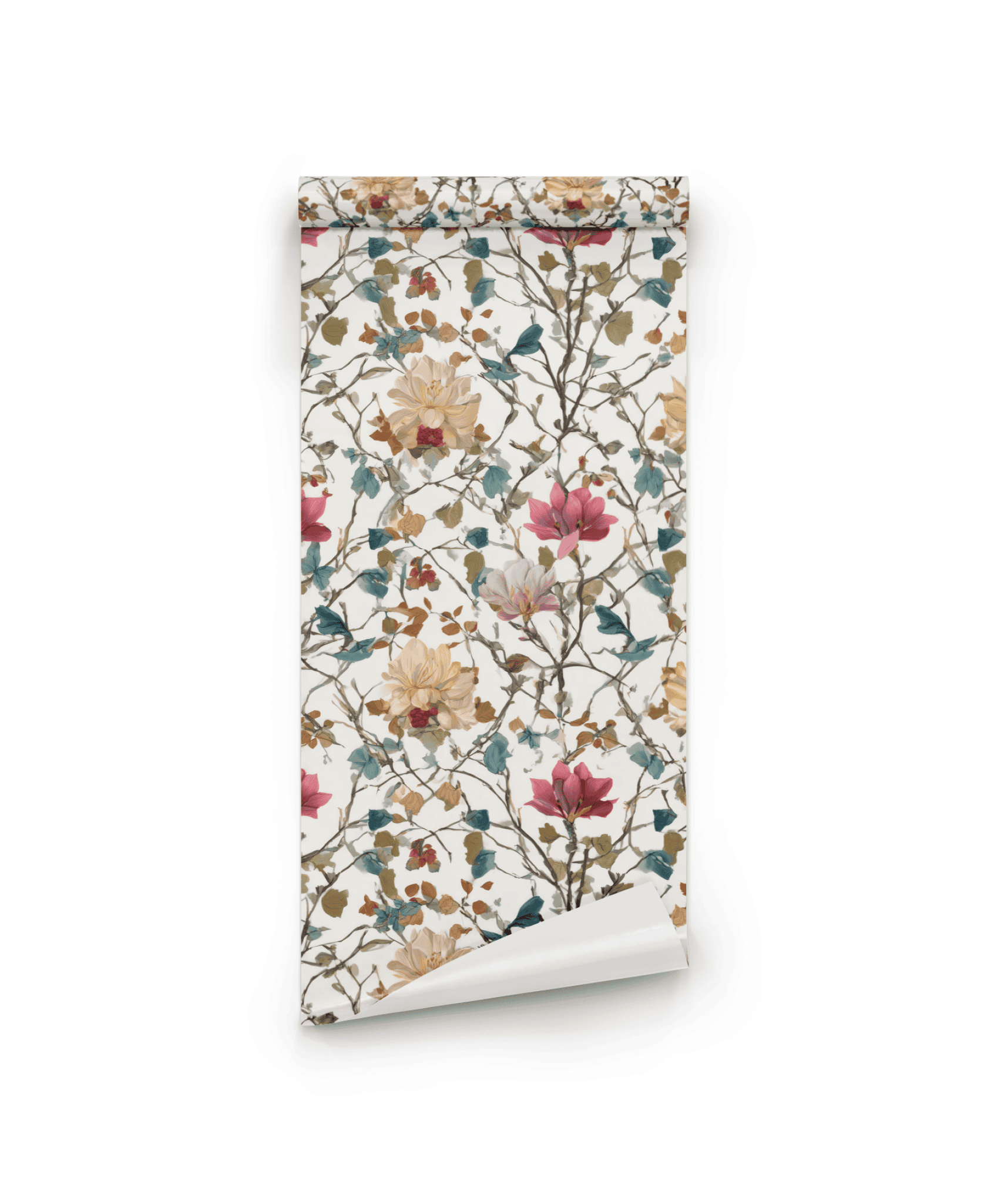 Magnolia Blooms Wallpaper features magenta florals and birds in pink, beige, blue, and green on a white background, bringing timeless elegance to any space.