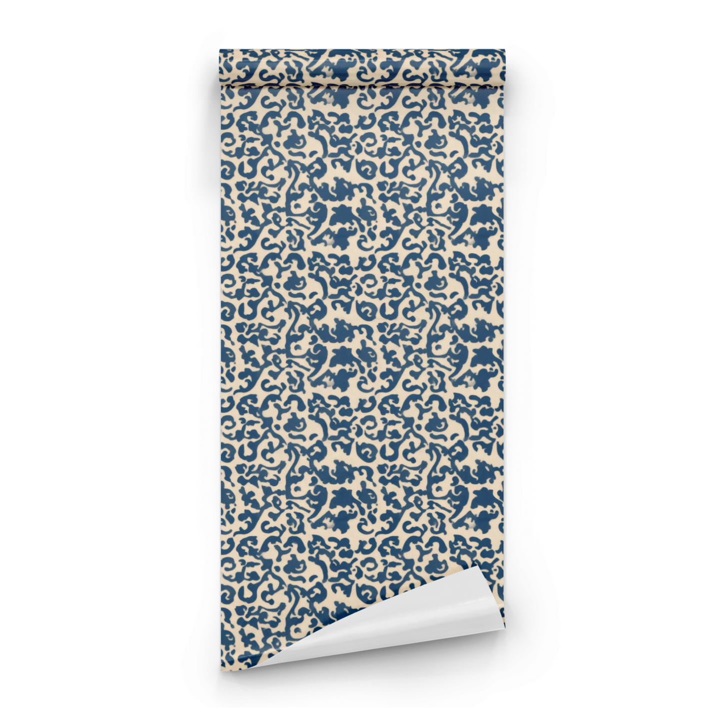 Blue Abstract Wallpaper roll preview showing the paisley drawing in close deep sapphire block-print detail