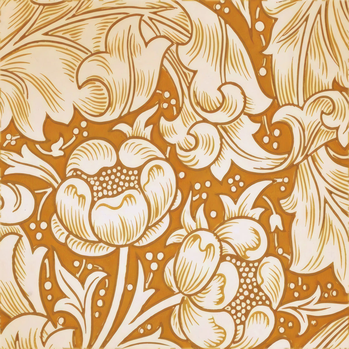 Cream acanthus leaves and cornflower heads swirling over a mustard-gold ground, a William Morris design.