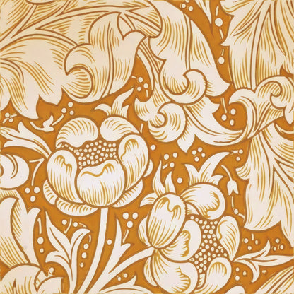 Cream acanthus leaves and cornflower heads swirling over a mustard-gold ground, a William Morris design.