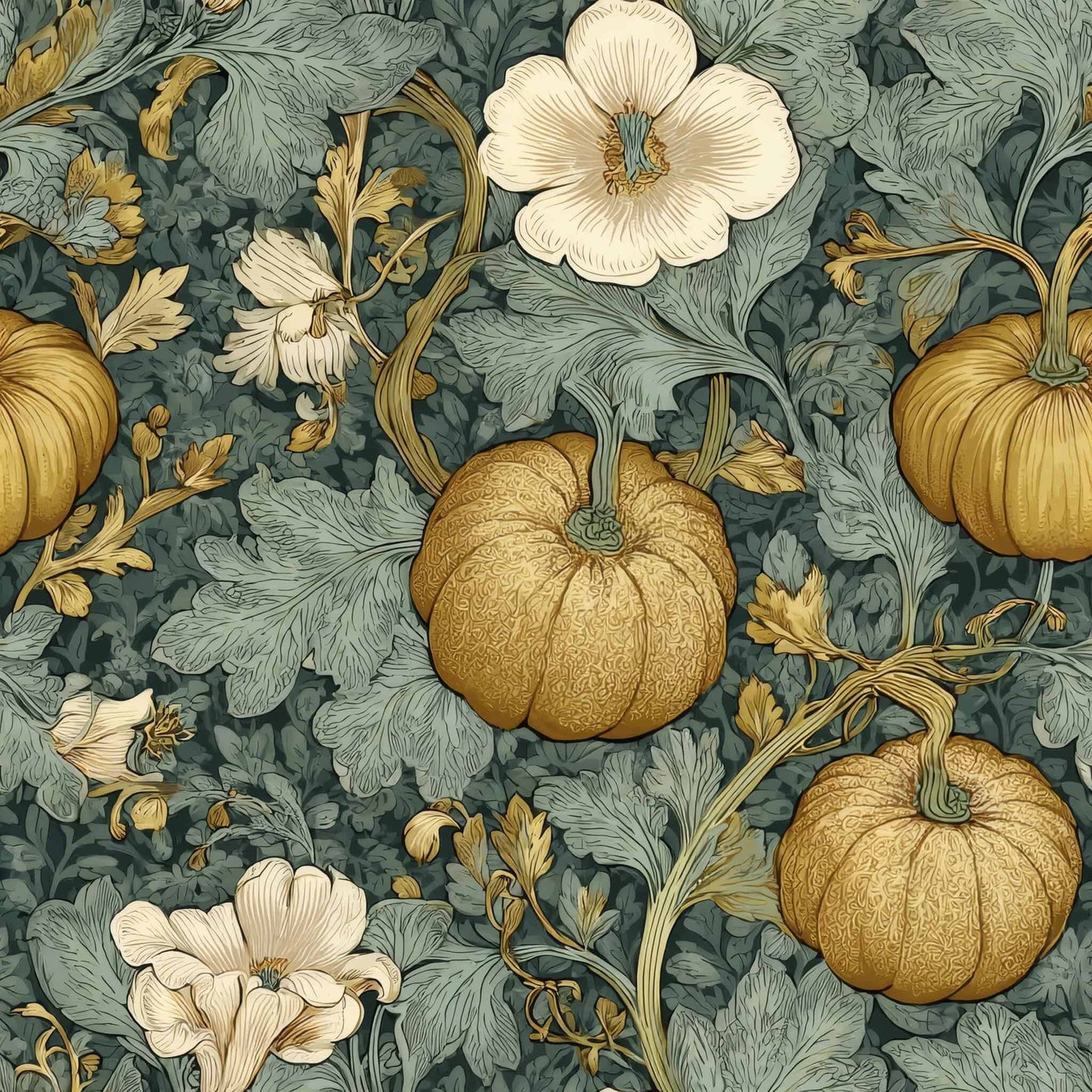 Wallpaper with golden pumpkins and delicate floral motifs in green and gold tones.