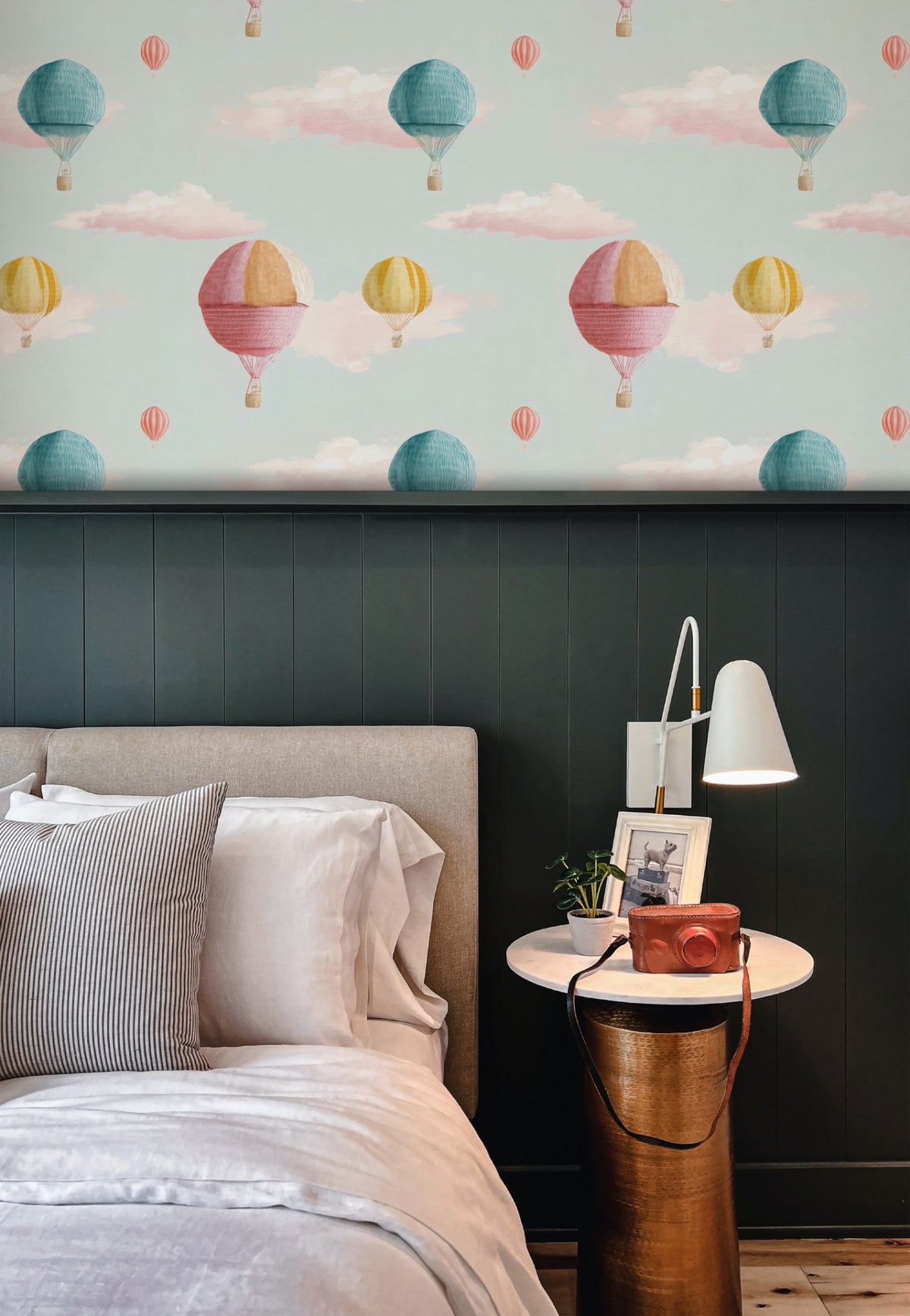 Balloon Sky large scale wallpaper in a styled room