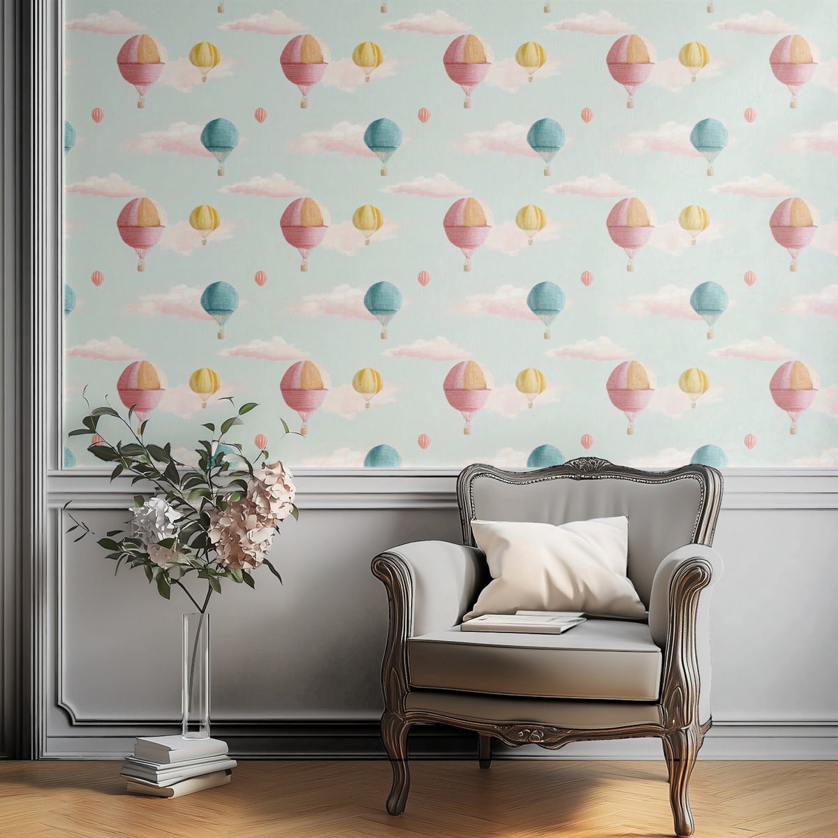 Balloon Sky large scale wallpaper in a styled room