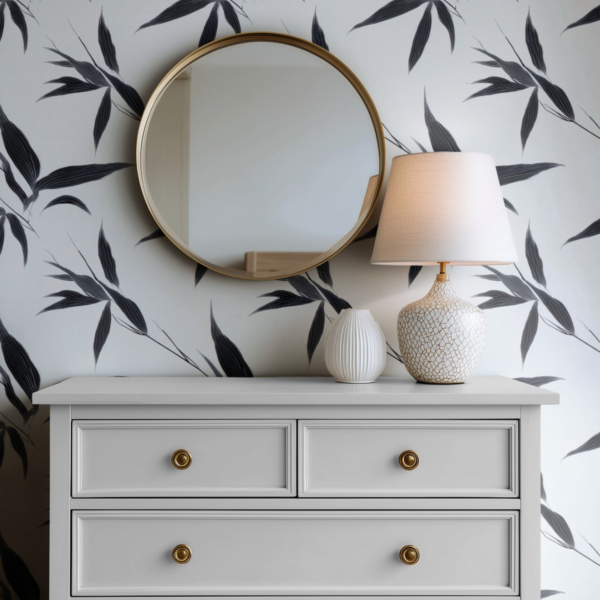 Bamboo Leaf large scale wallpaper in a styled room